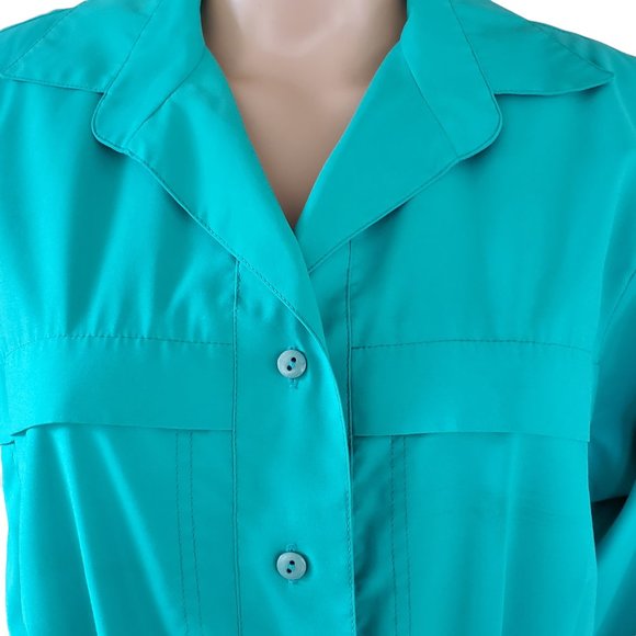 Vintage 80s Shirt Dress Women's Medium Green Career Secretary Pockets Belt Midi - Picture 11 of 14